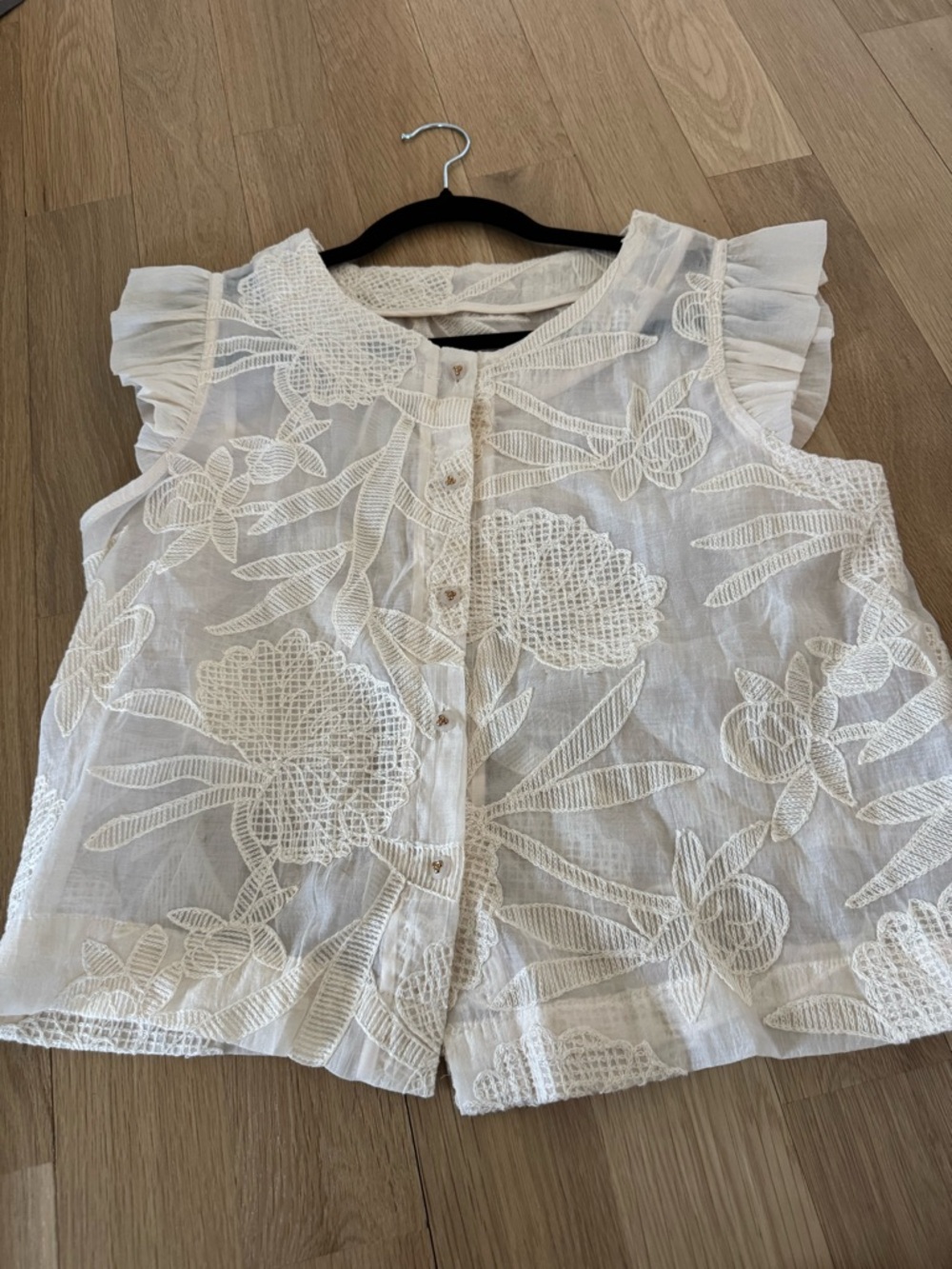 White Embroidered Flutter Sleeve Button-Front Top